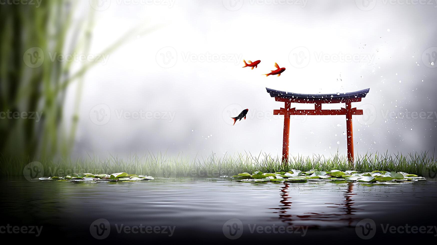 Tranquil Japanese Garden with Torii Gate and Colorful Koi Fish Swimming in Still Water photo
