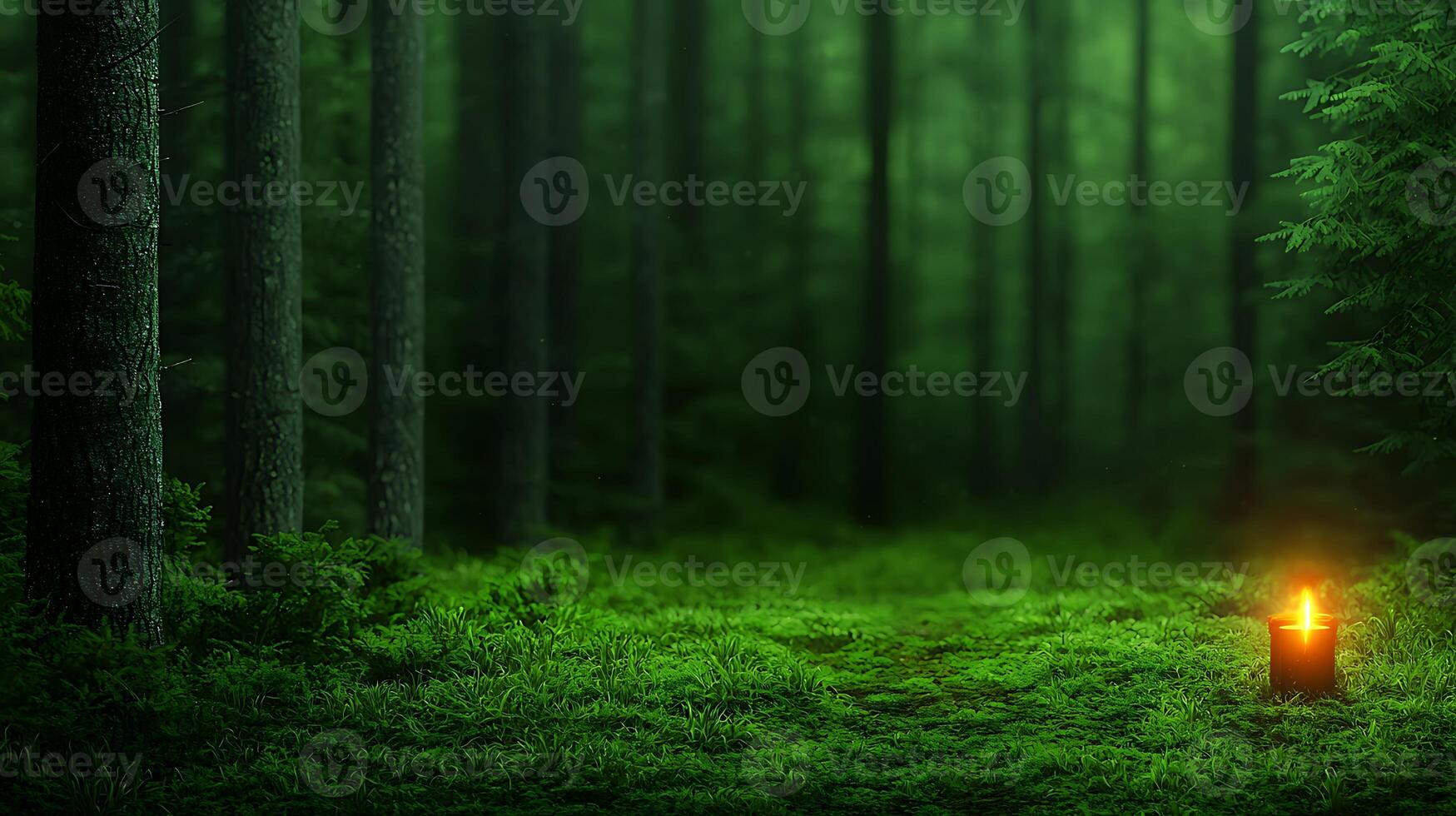 Tranquil forest scene with glowing candle on mossy ground, surrounded by tall trees and soft light photo