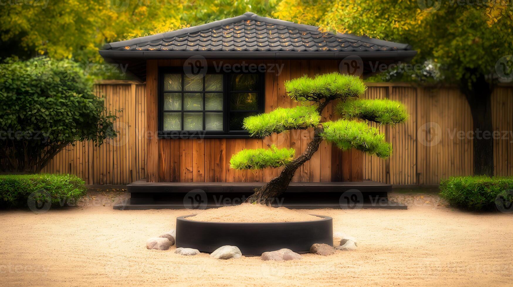 Tranquil Japanese garden featuring a bonsai tree in front of a wooden house surrounded by greenery photo