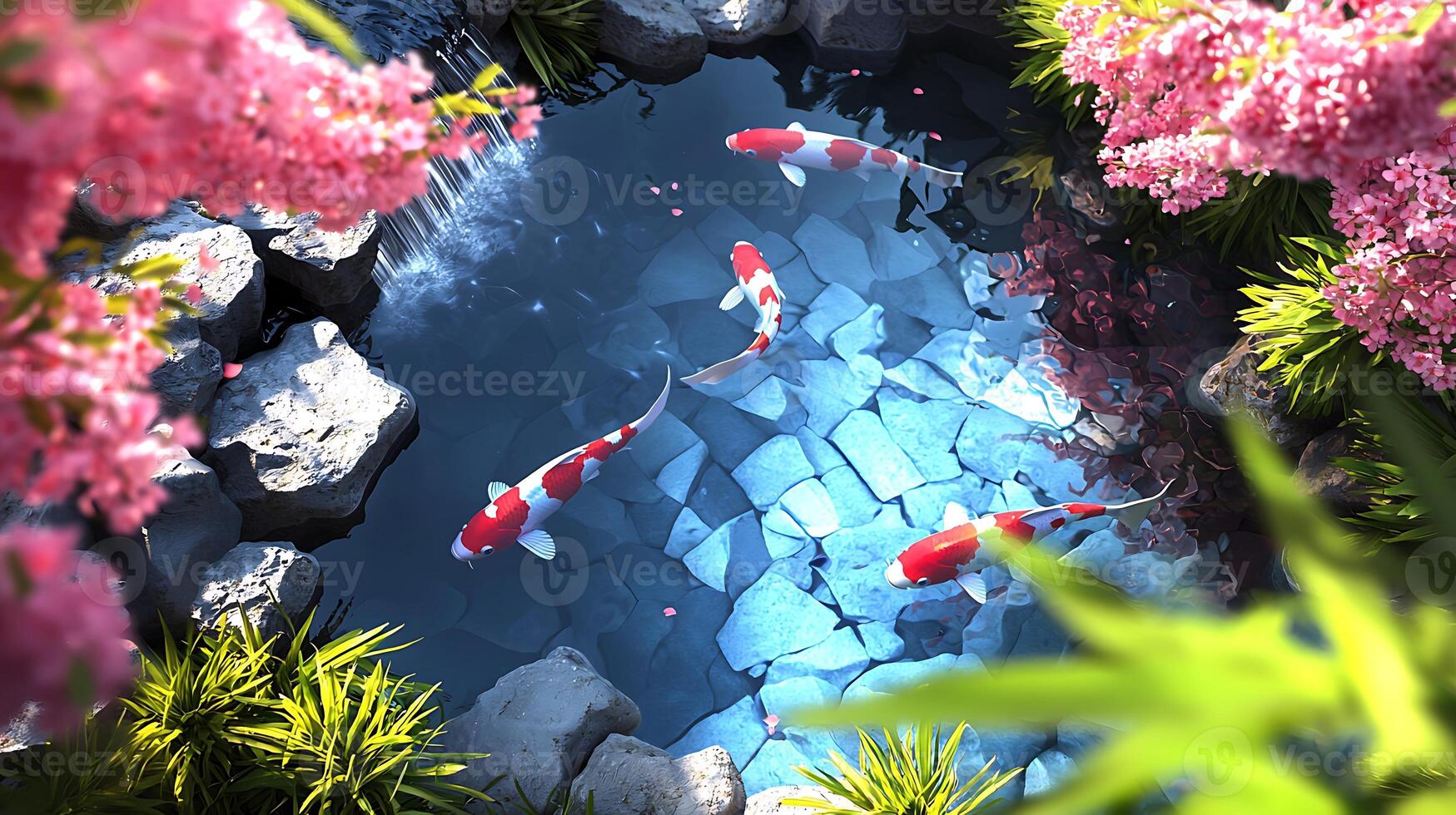 Tranquil koi pond surrounded by vibrant pink blossoms and lush greenery in a serene garden photo