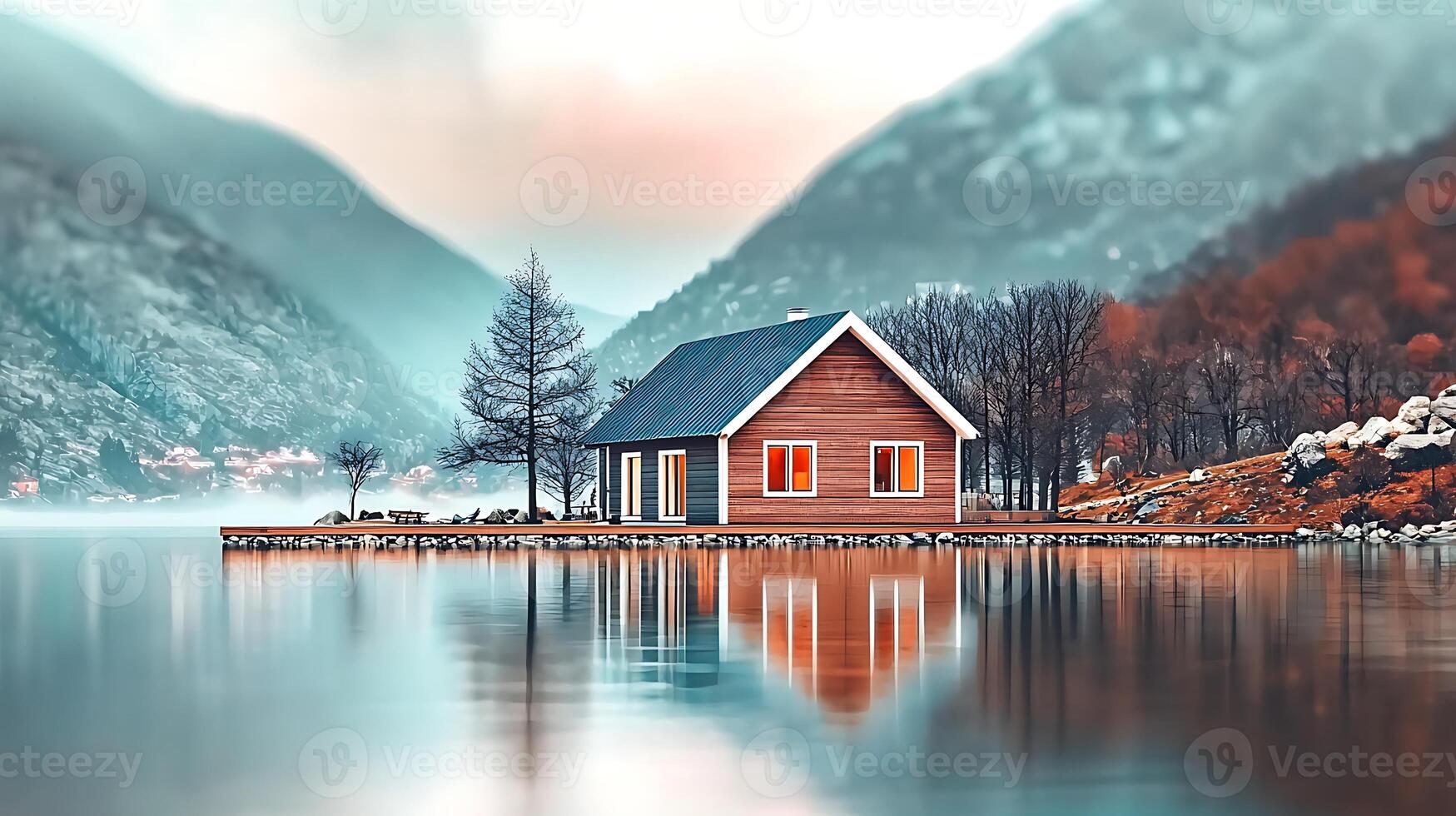 Tranquil lakeside cabin surrounded by misty mountains and autumn foliage reflecting on water photo