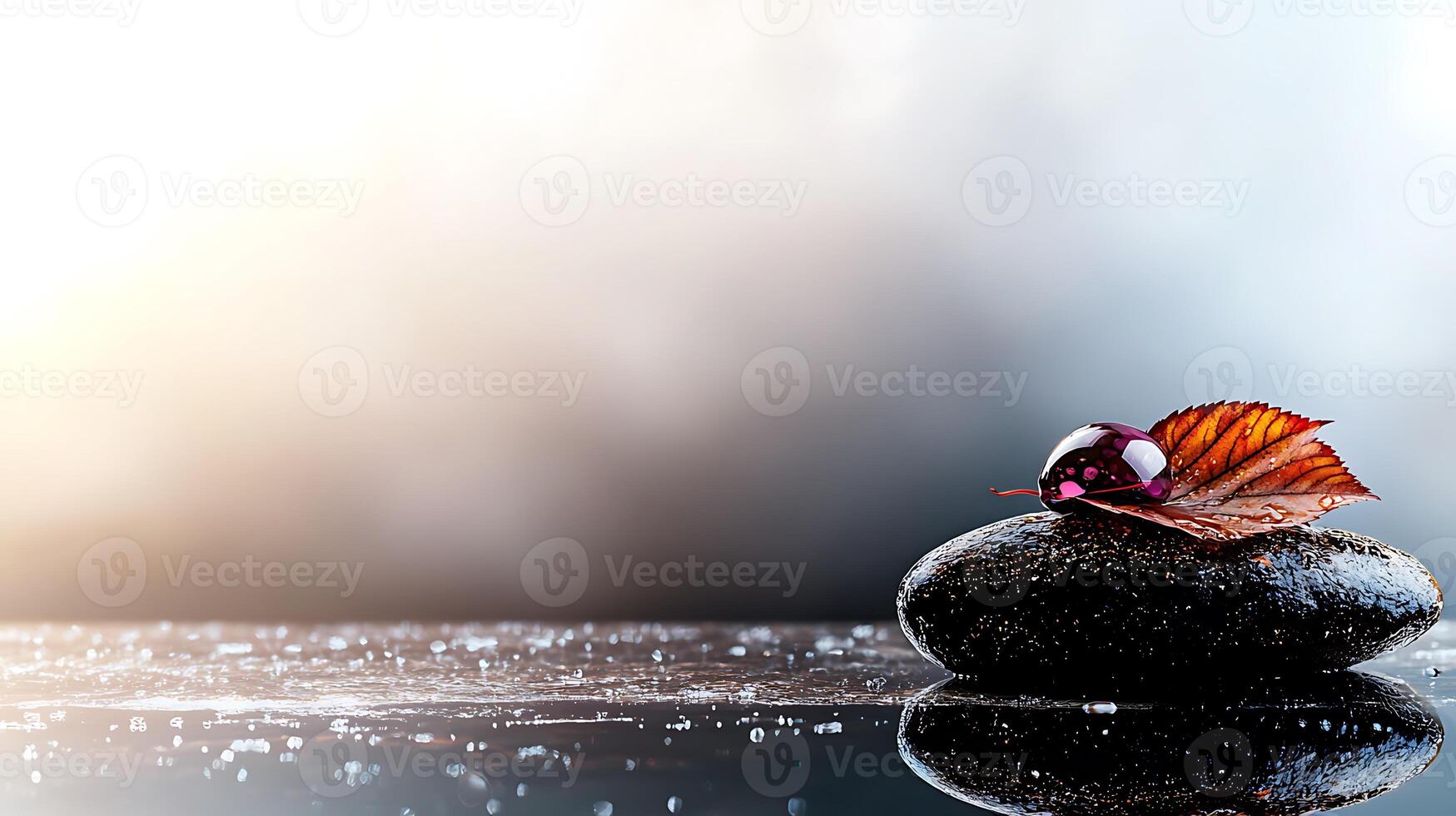 Tranquil scene featuring a smooth stone with a vibrant leaf and dew drop, reflecting serene ambiance photo