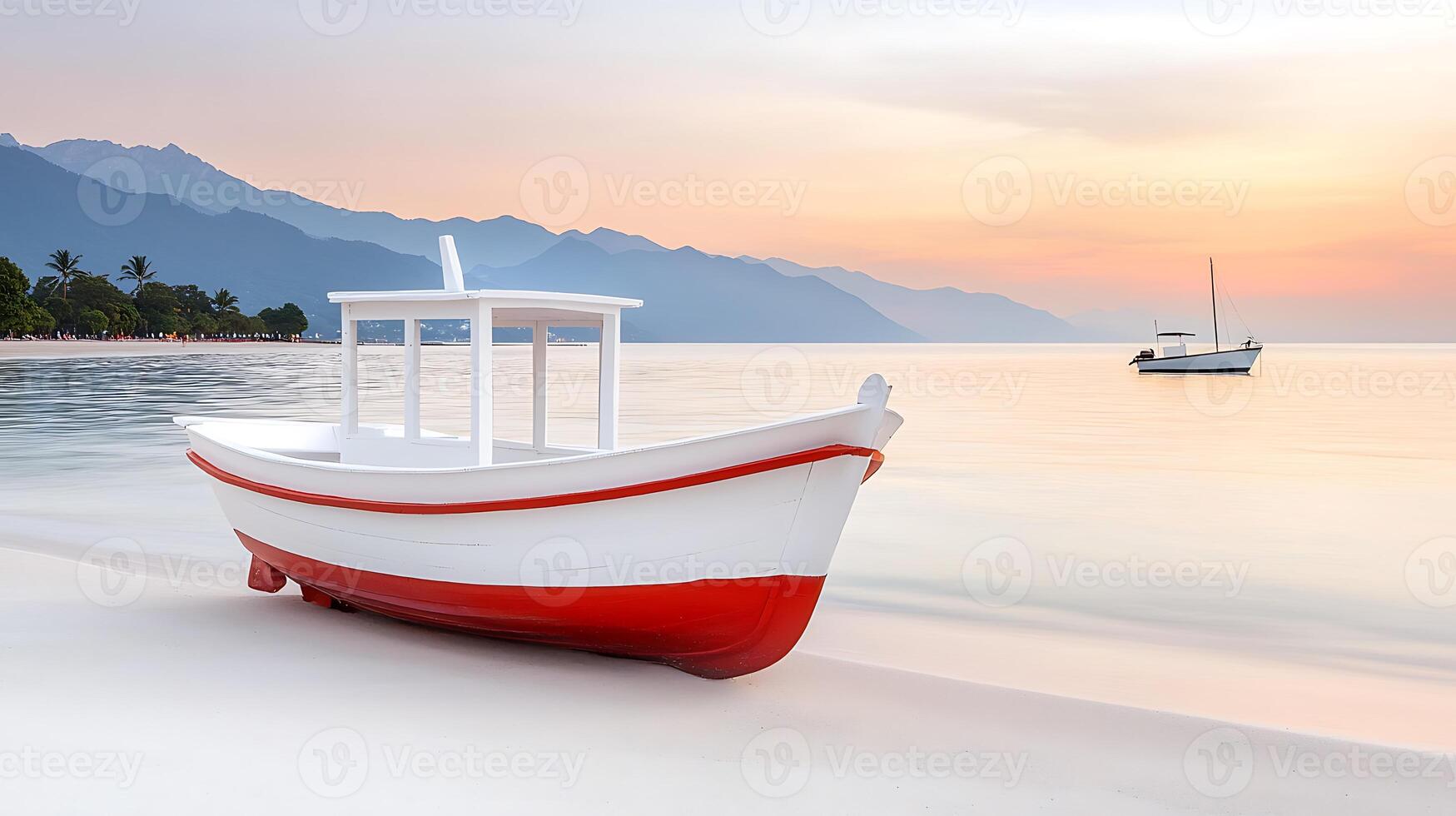 Tranquil sunset over a serene beach with a traditional boat resting on the shore photo