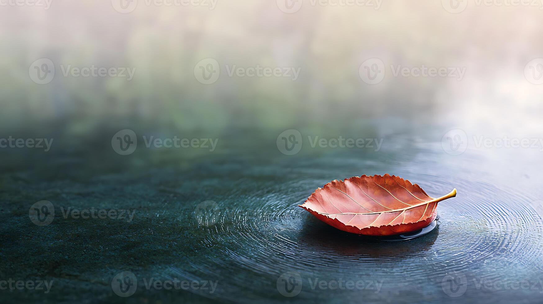 Tranquil scene of a single autumn leaf floating on still water, surrounded by blurred nature photo
