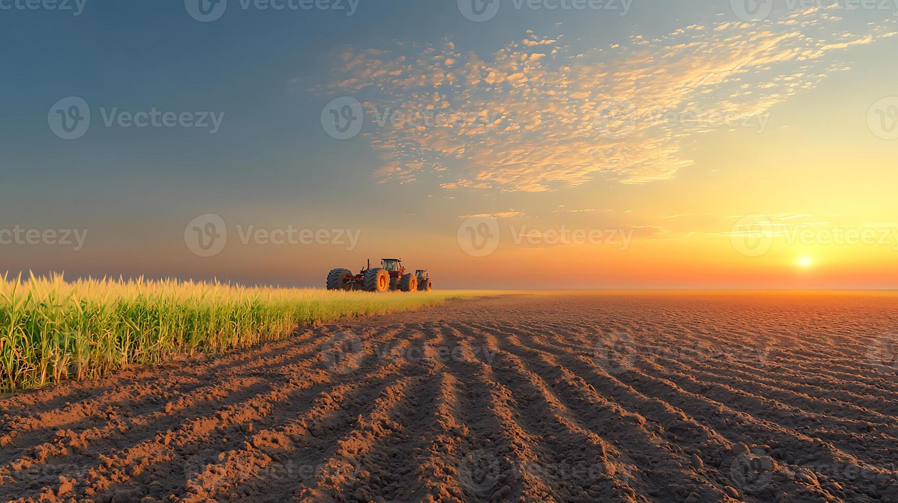 Tranquil sunset over a vast agricultural field with a tractor in the distance, showcasing farming life photo