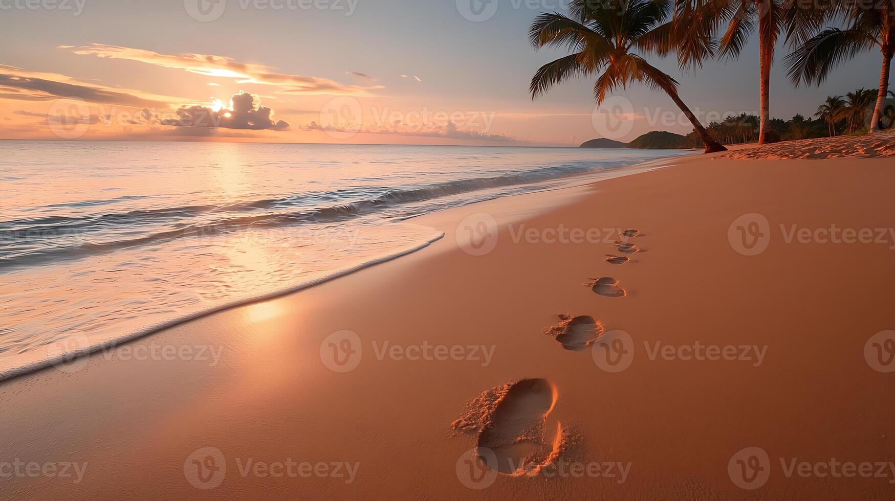 Tranquil sunset over a serene beach with footprints leading towards the calm ocean waves photo