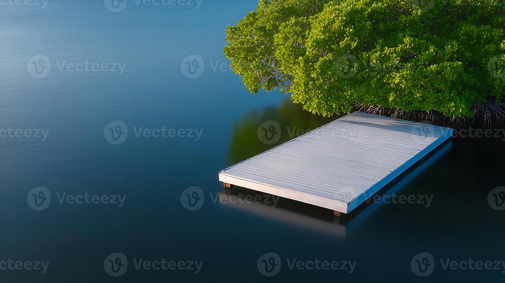Tranquil wooden dock surrounded by vibrant greenery in calm waters at sunset photo