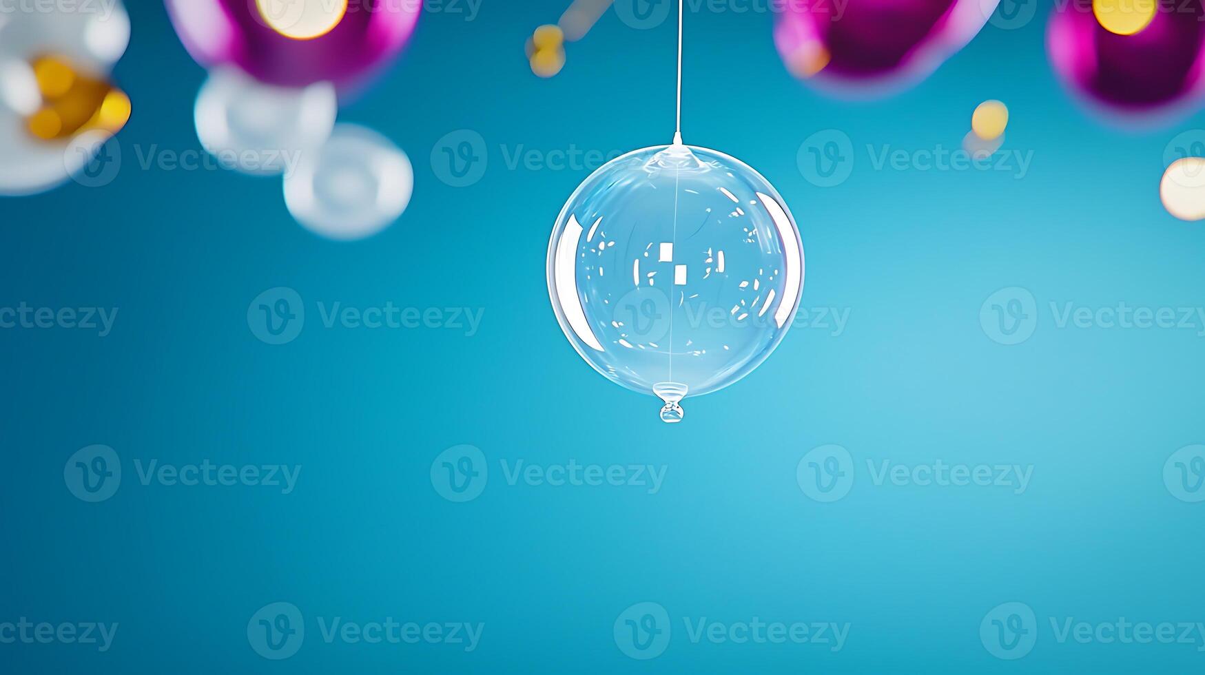 Transparent bubble hanging against a vibrant blue background with colorful orbs and light reflections photo