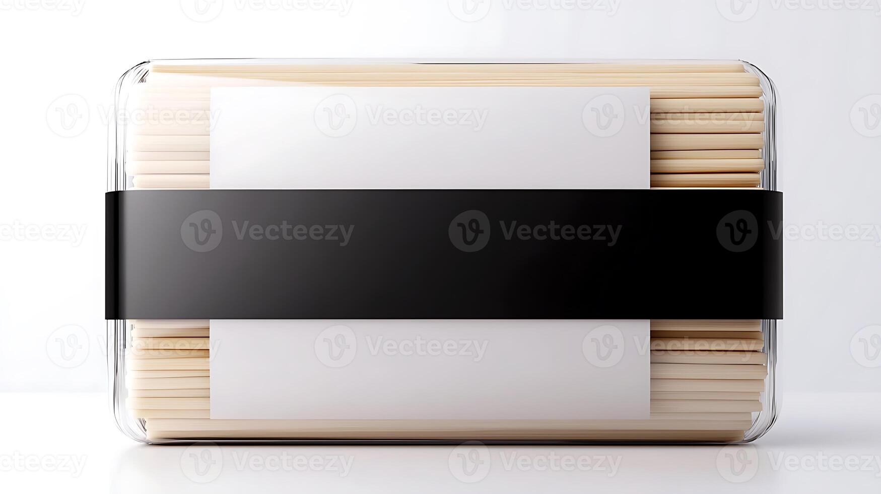Transparent container filled with wooden sticks, featuring blank labels and a black band photo