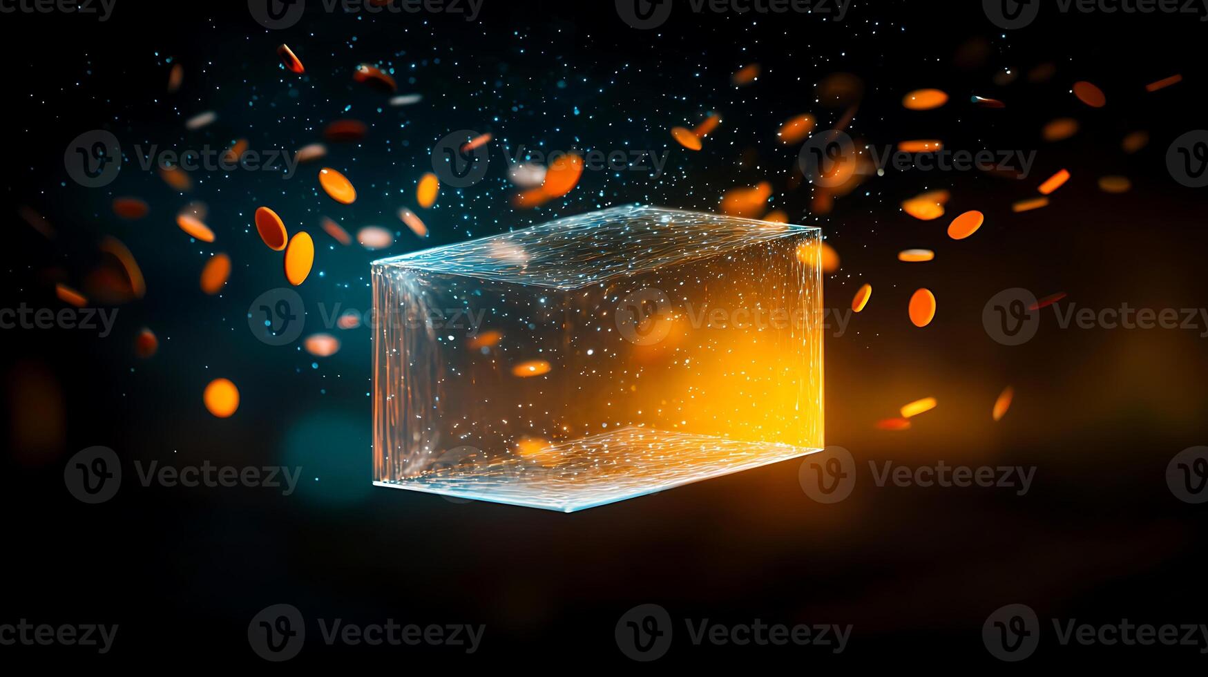 Transparent cube surrounded by floating coins and particles, illuminated by a glowing background photo