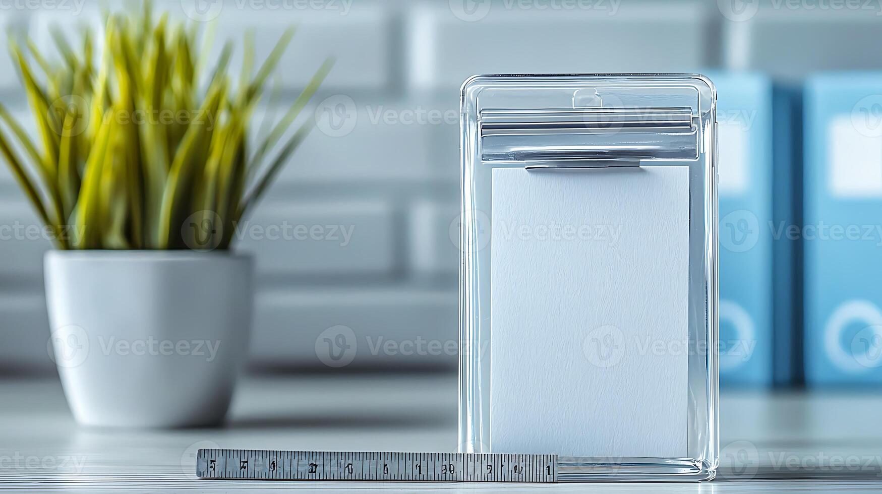 Transparent container holding blank paper sits on a desk with a potted plant and blue folders nearby photo