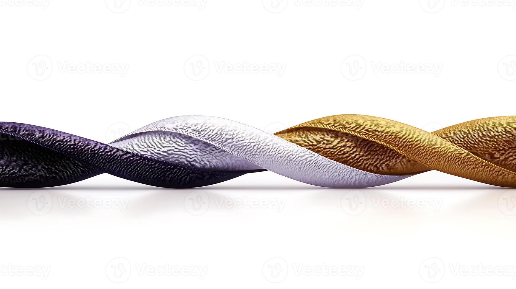 Twisted fabric ribbons in purple, white, and gold colors, showcasing texture and elegance on a smooth surface photo