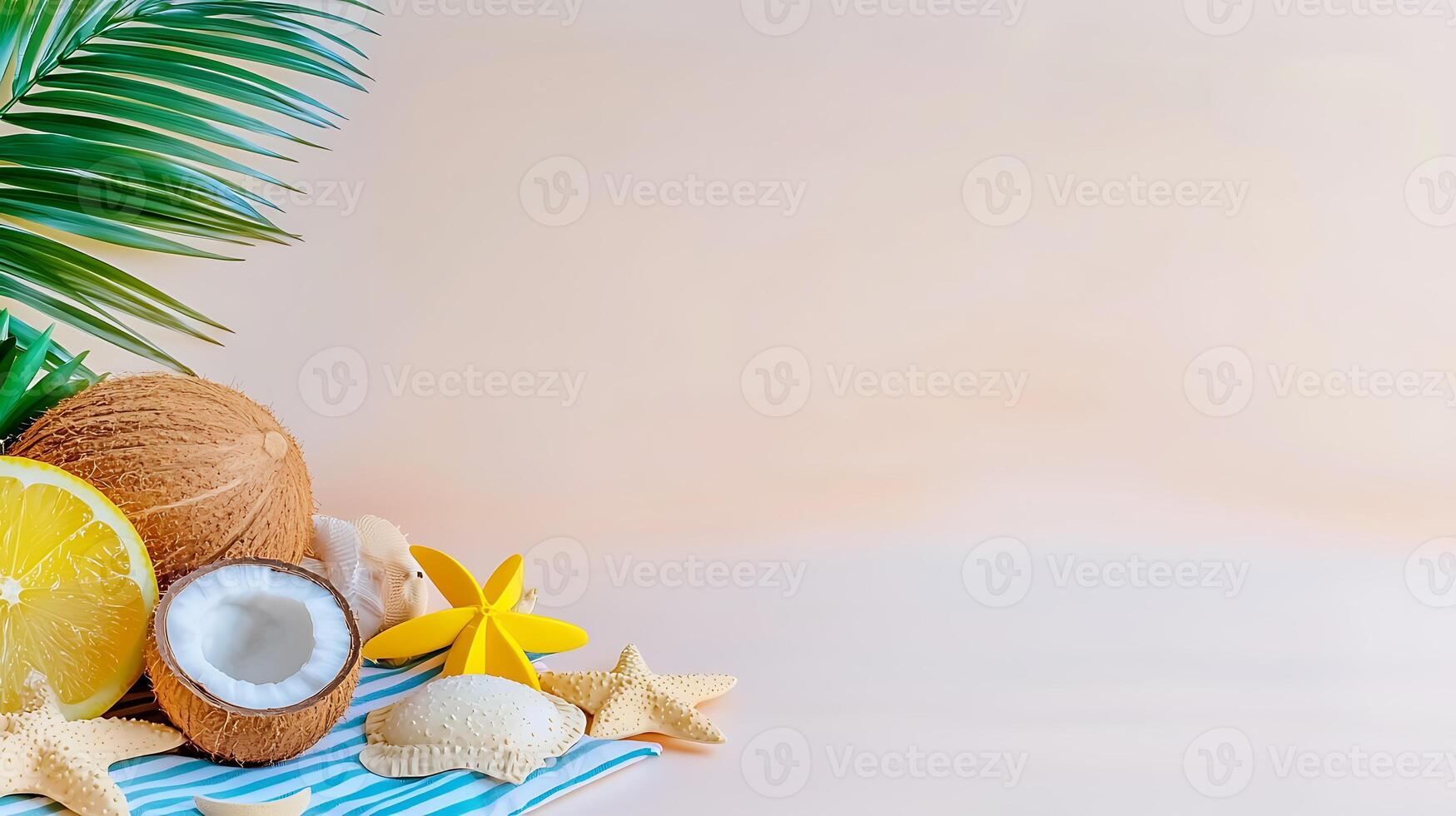 Tropical beach setup featuring coconut, lemon, and seashells on a striped towel with palm leaves photo