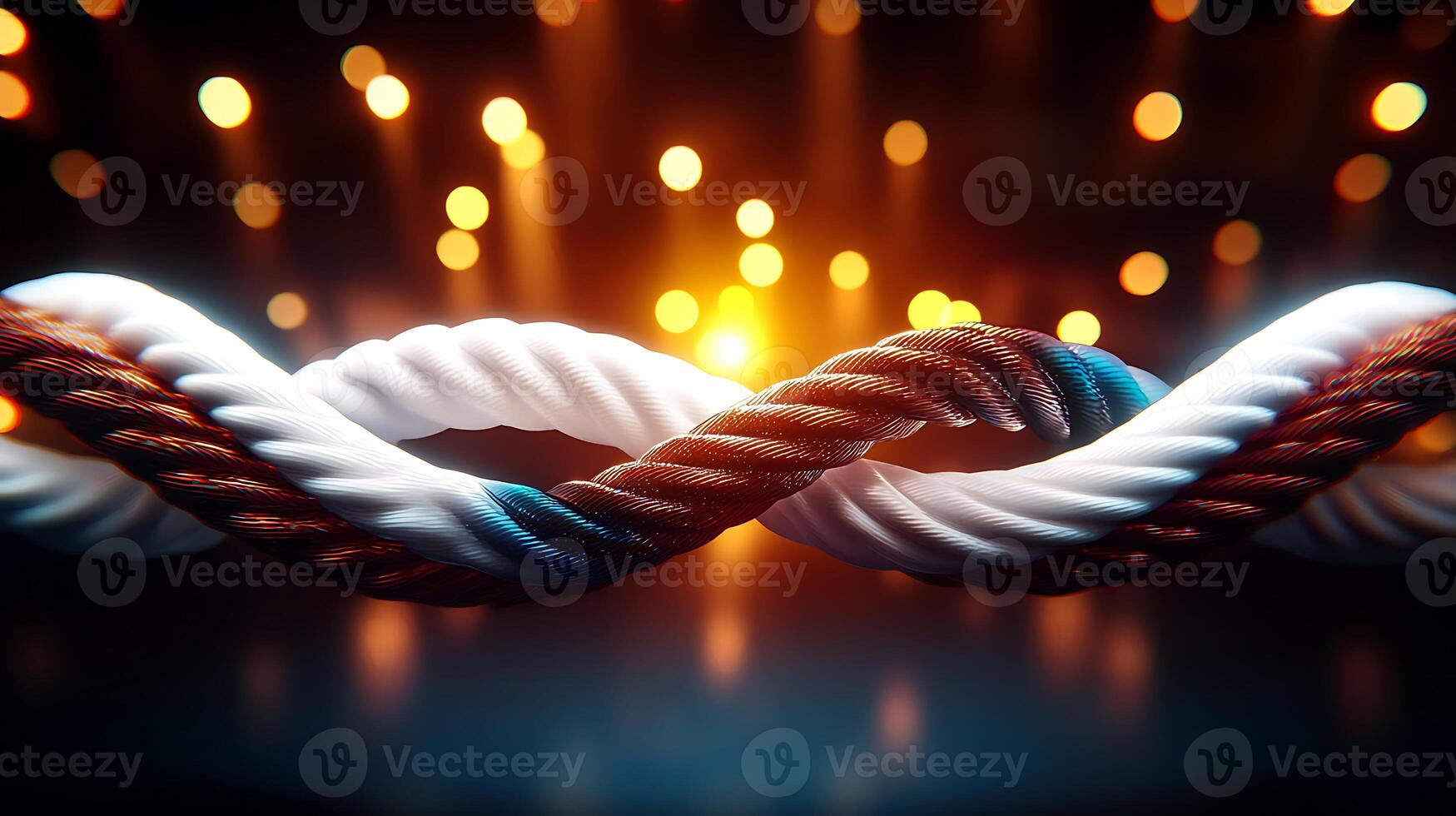 Twisted ropes illuminated by vibrant bokeh lights creating a dynamic visual effect photo