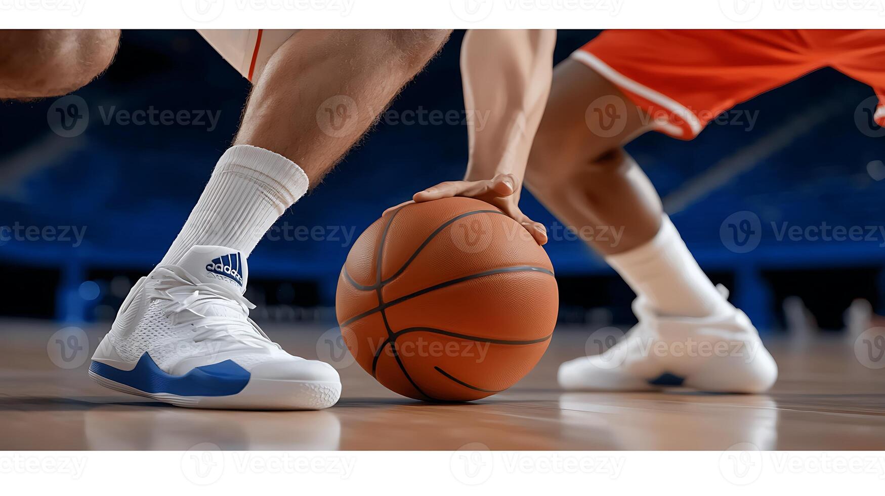 Two basketball players in dynamic action on court, focused on ball, with audience in background photo