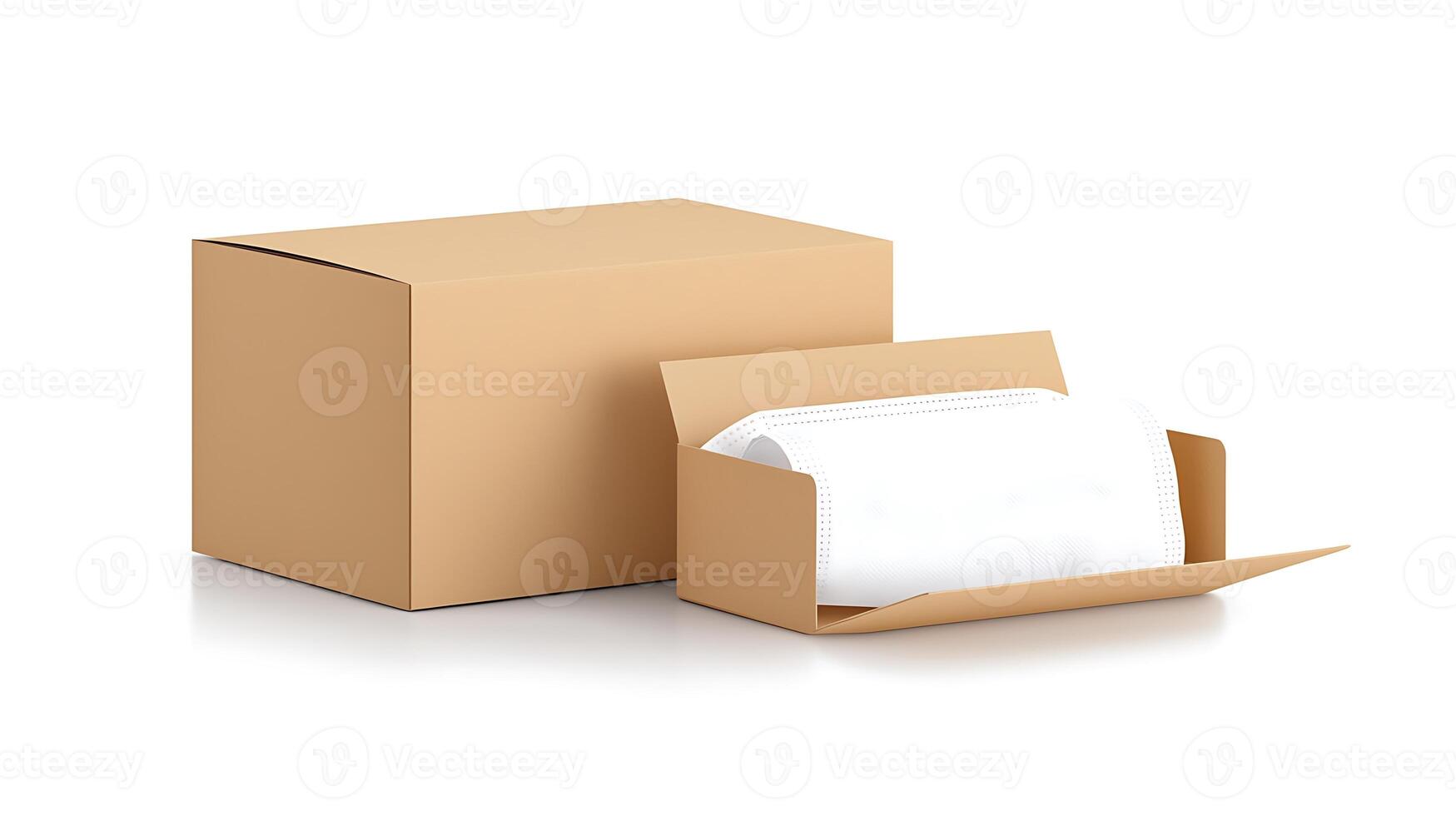Two cardboard boxes with one partially open, revealing white contents inside, on a plain background photo