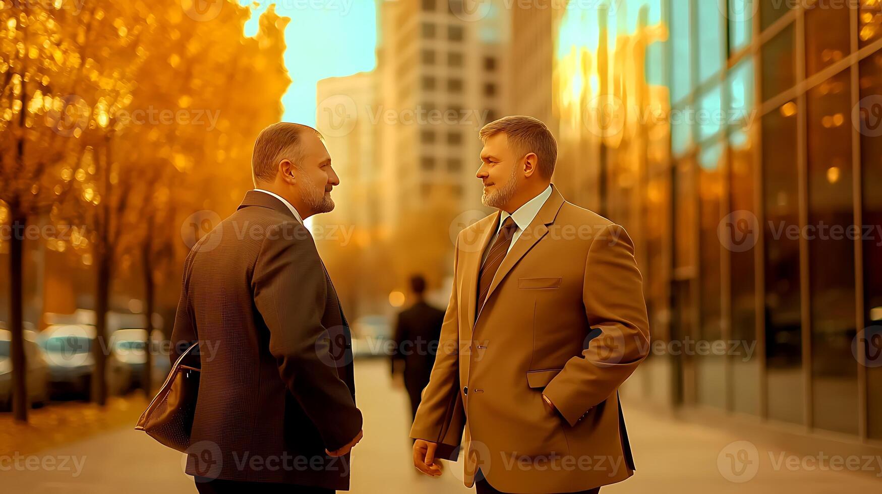 Two business professionals engaged in conversation on a city street during autumn sunset photo