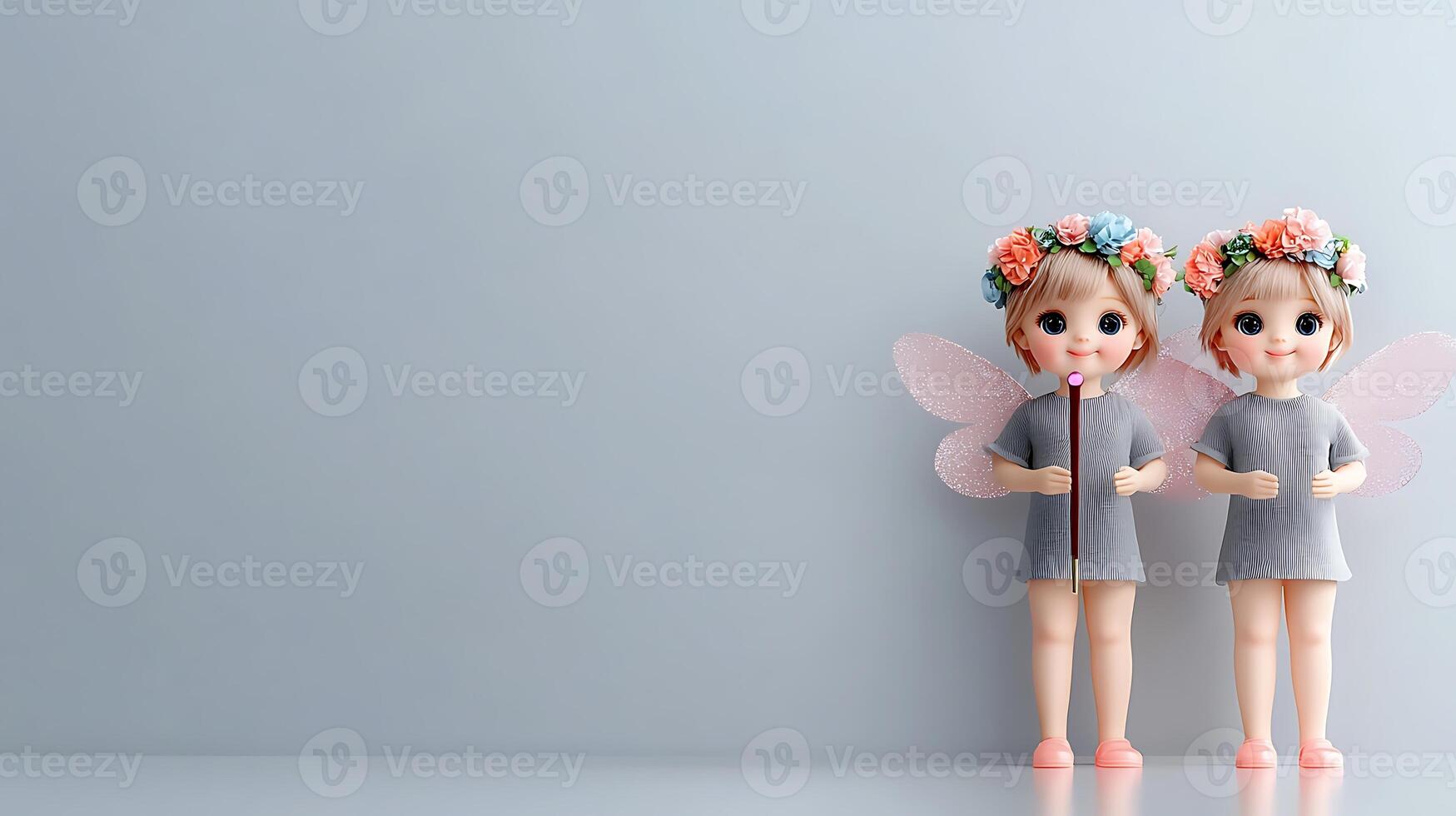 Two charming dolls with floral crowns and wings stand against a soft gray background photo
