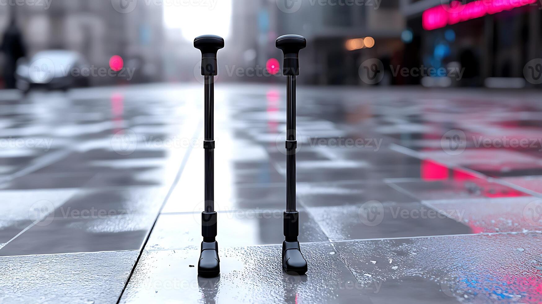 Two black walking sticks stand on a wet city street, reflecting neon lights in the background photo