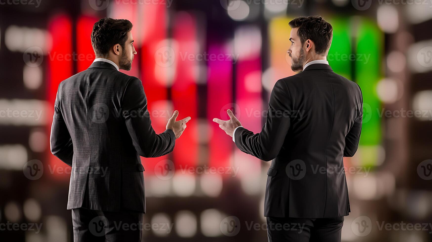 Two businessmen in suits discussing strategies against a vibrant cityscape backdrop at night photo