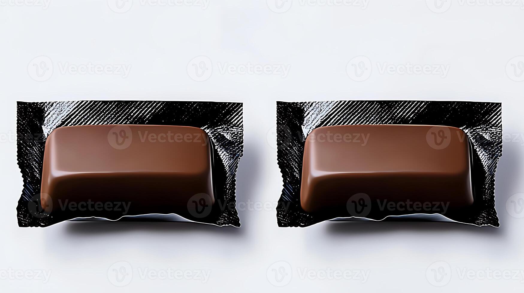 Two chocolate bars wrapped in shiny foil, placed symmetrically on a clean white background photo
