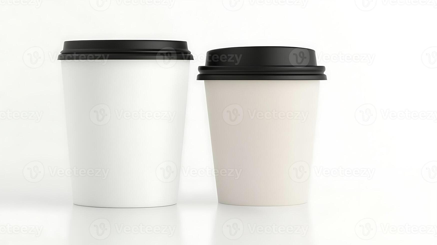 Two coffee cups with black lids on a clean white background, ideal for beverage-related themes photo