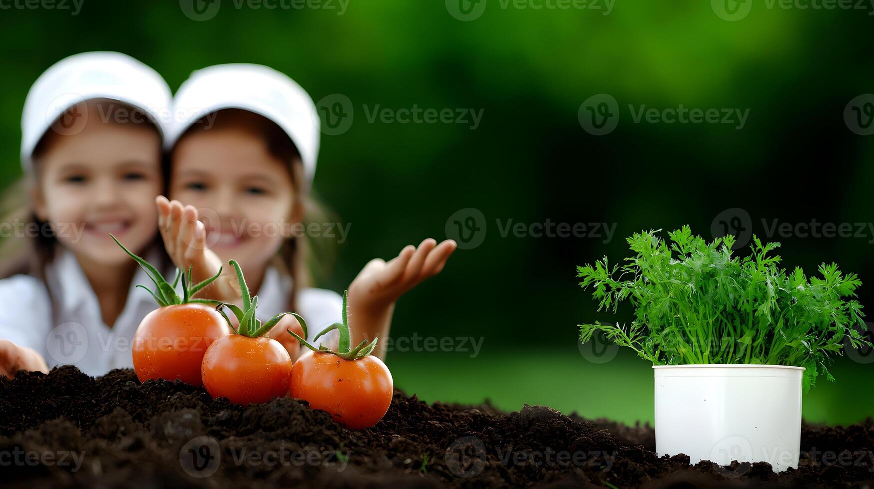 Two children smiling while showcasing freshly harvested tomatoes and coriander in a garden photo
