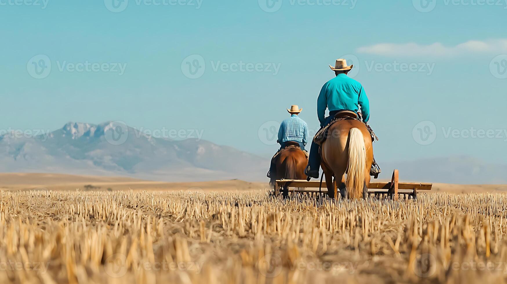 Two cowboys riding horses through golden fields with mountains in the background under a clear sky photo