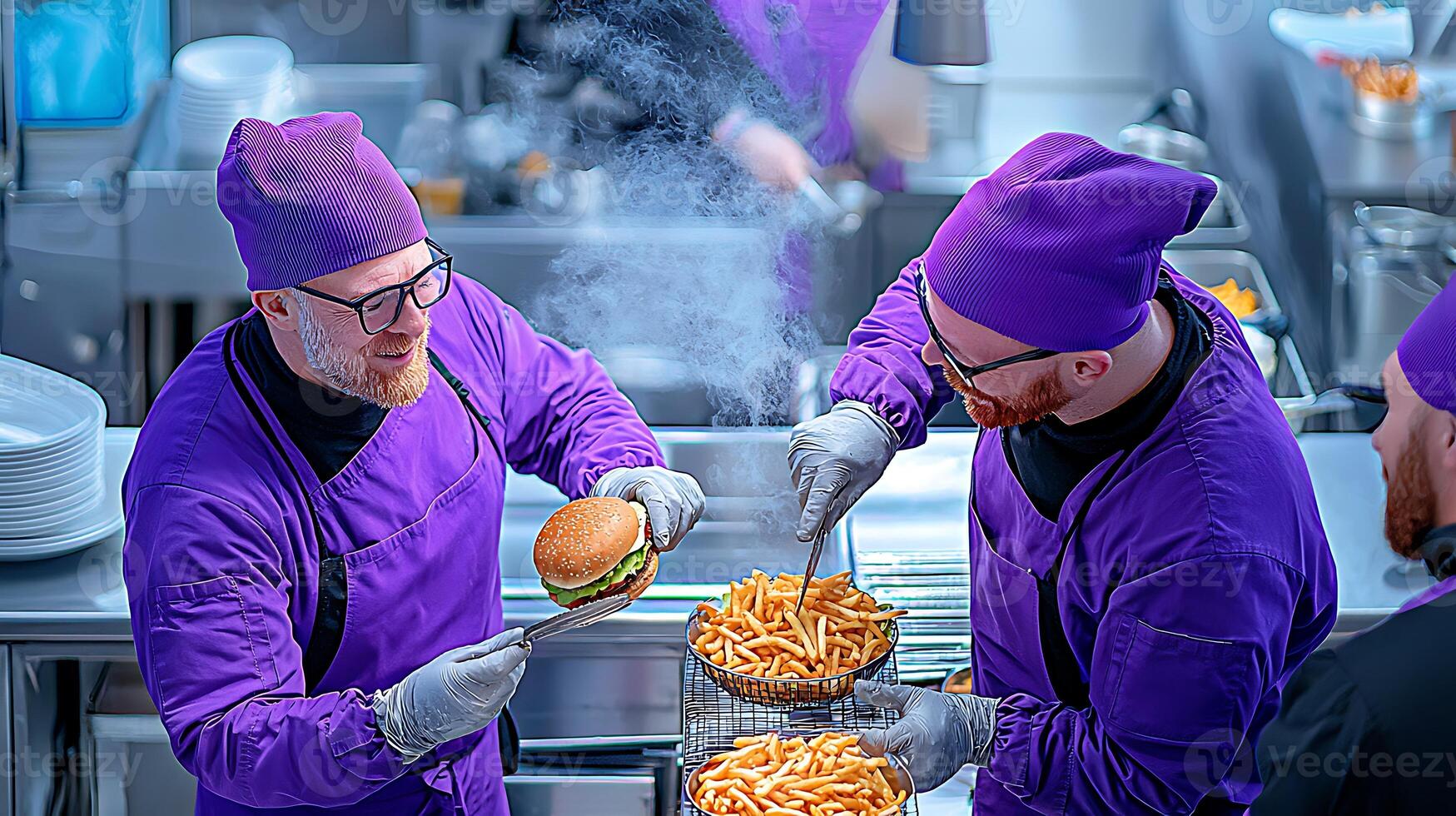 Two chefs in purple uniforms prepare a burger and fries in a busy kitchen with steam rising photo