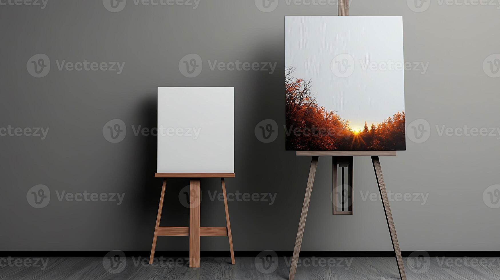 Two easels displaying blank and sunset landscape paintings in a modern gallery setting photo