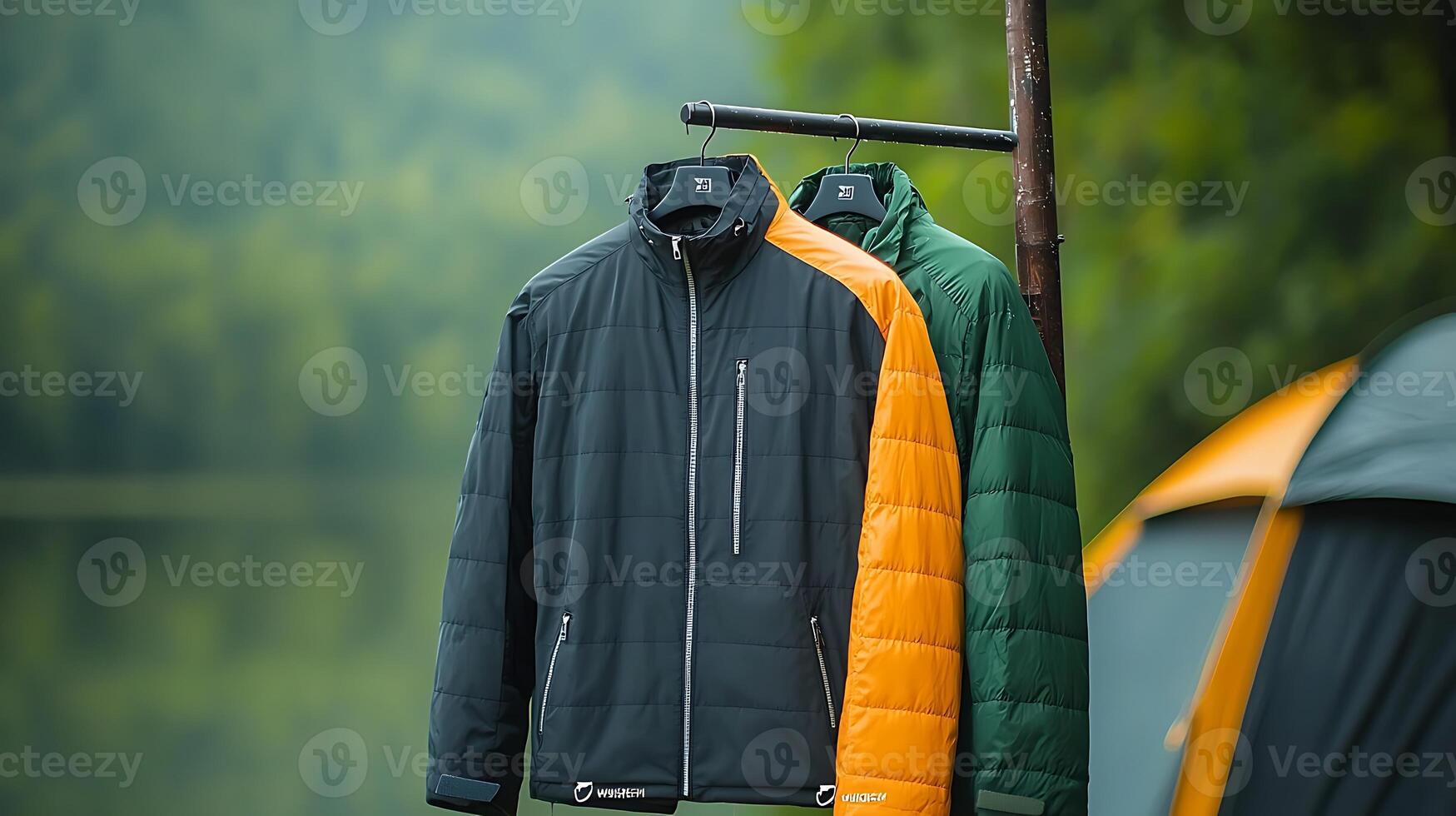 Two colorful jackets hanging on a rack by a serene lake, surrounded by lush greenery photo