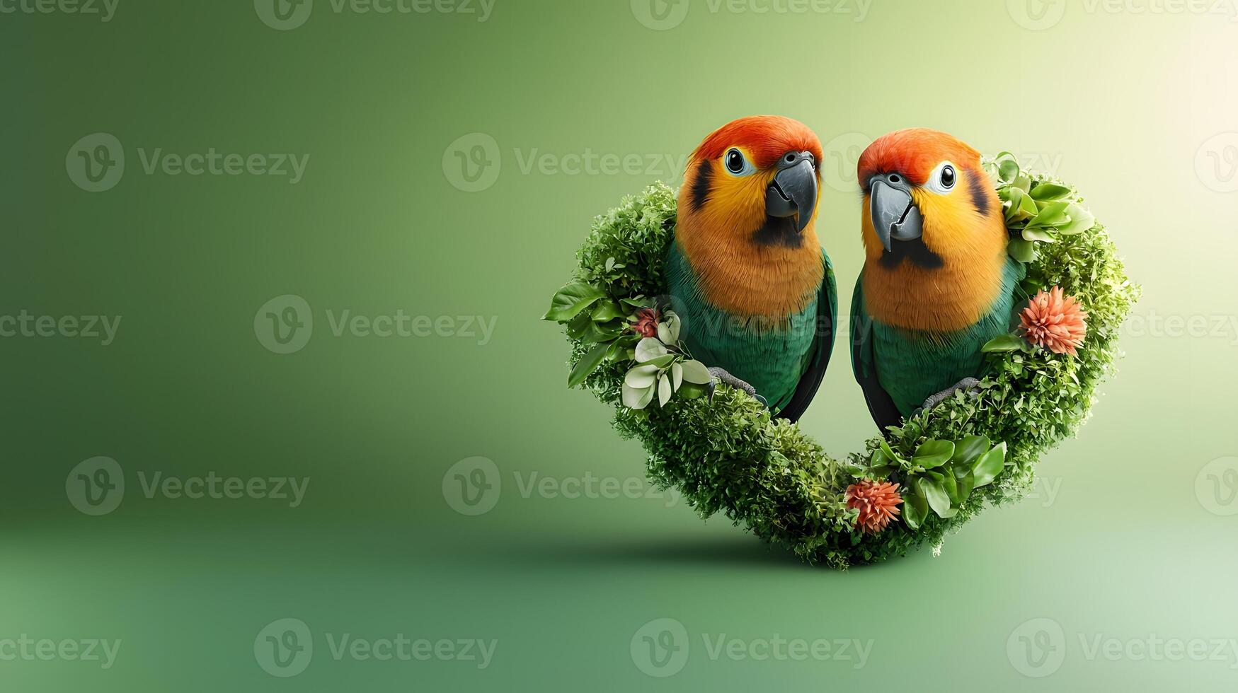 Two colorful parrots nestled in a heart-shaped floral arrangement on a soft gradient background photo