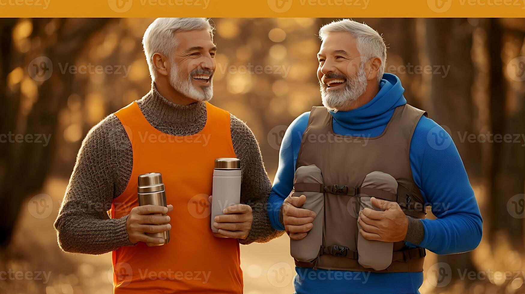 Two elderly men enjoying a cheerful conversation while walking in a sunlit forest path photo