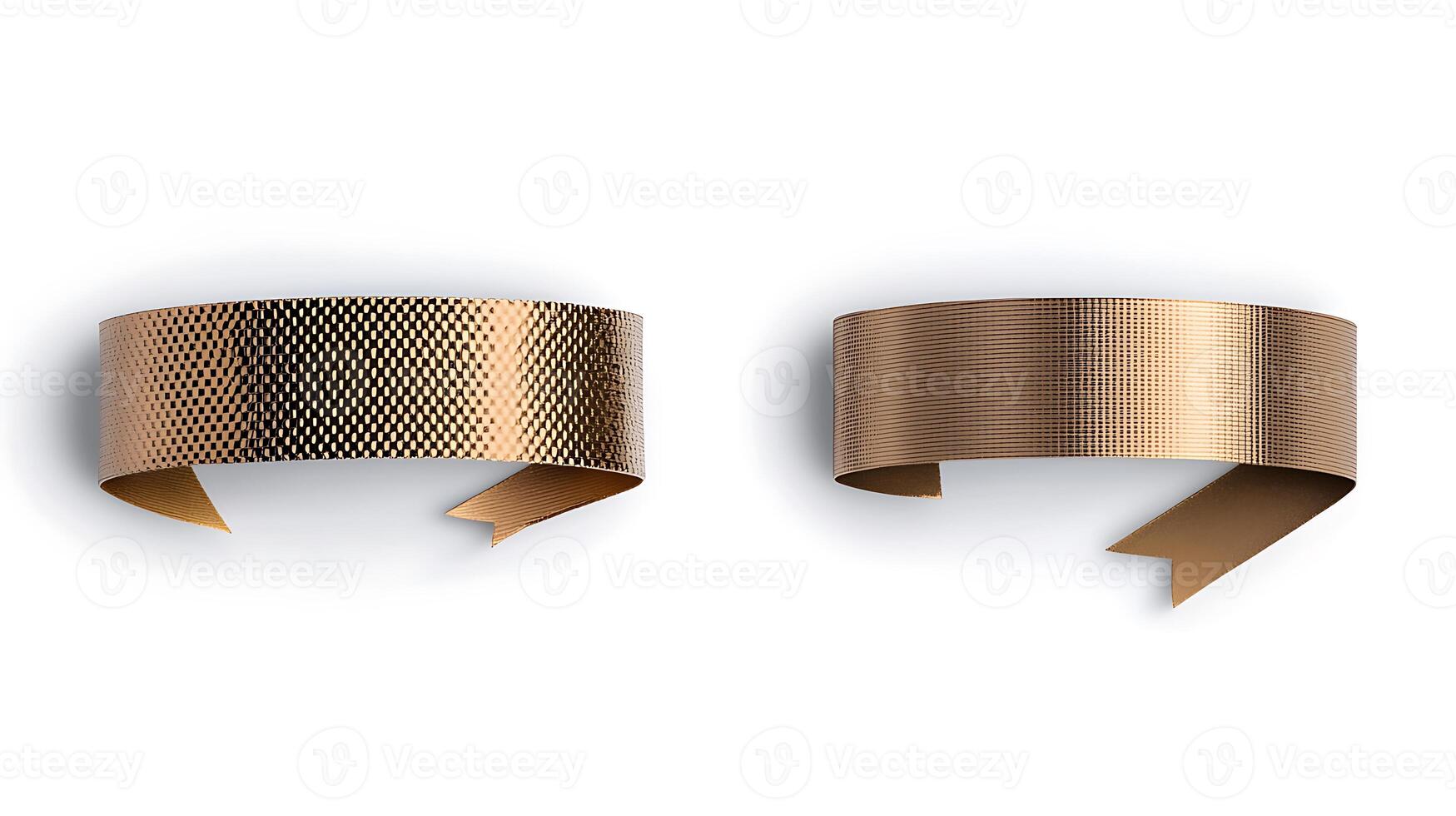 Two elegant metallic ribbon designs showcasing intricate patterns and textures on a clean backdrop photo