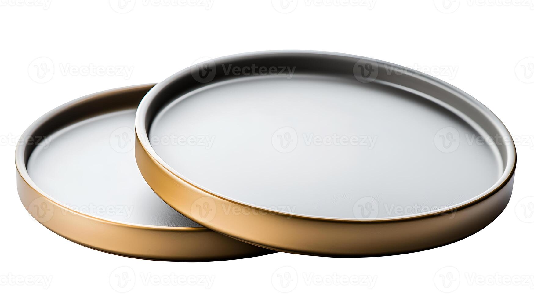 Two elegant metal trays stacked on top of each other, showcasing a minimalist design and smooth surface, suitable for serving or decorative purposes photo