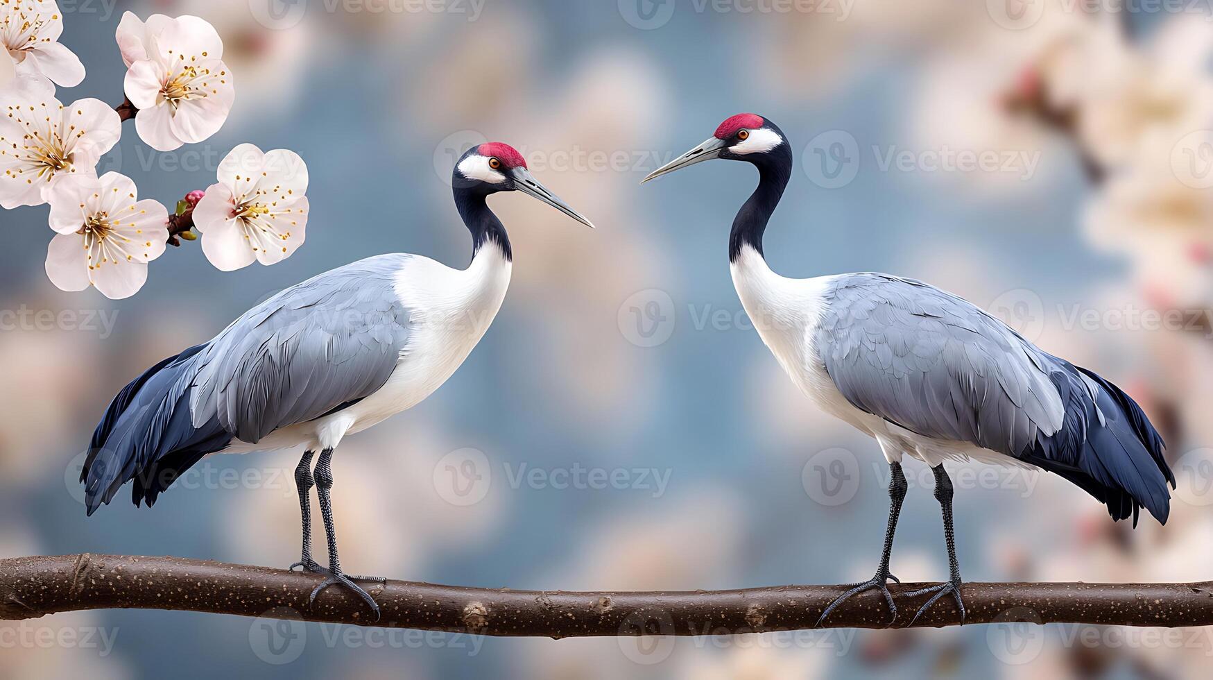 Two elegant cranes perched on a branch amidst blooming flowers and a soft, blurred background photo