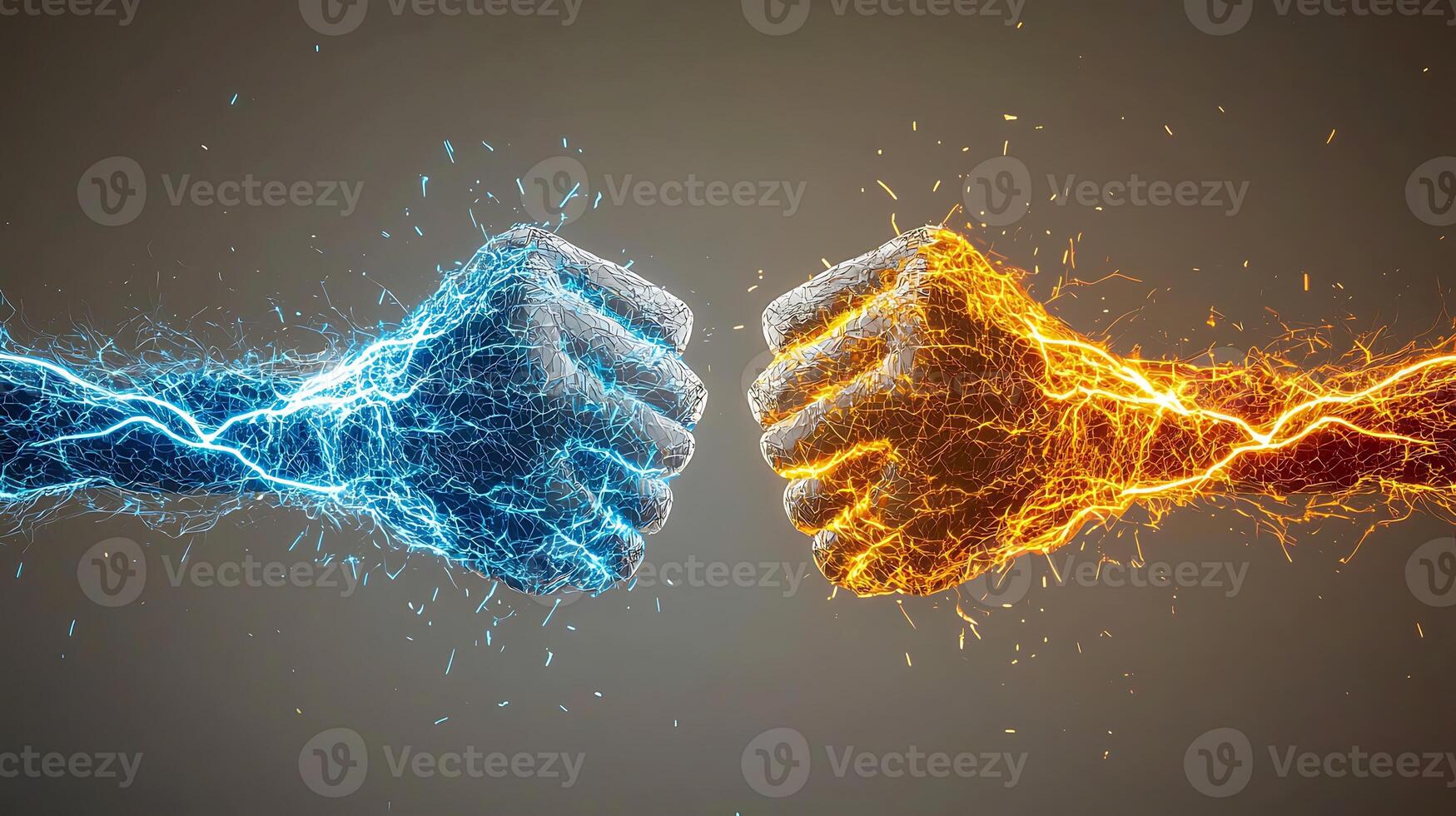 Two electrified fists clashing in a dynamic display of energy and motion against a neutral background photo
