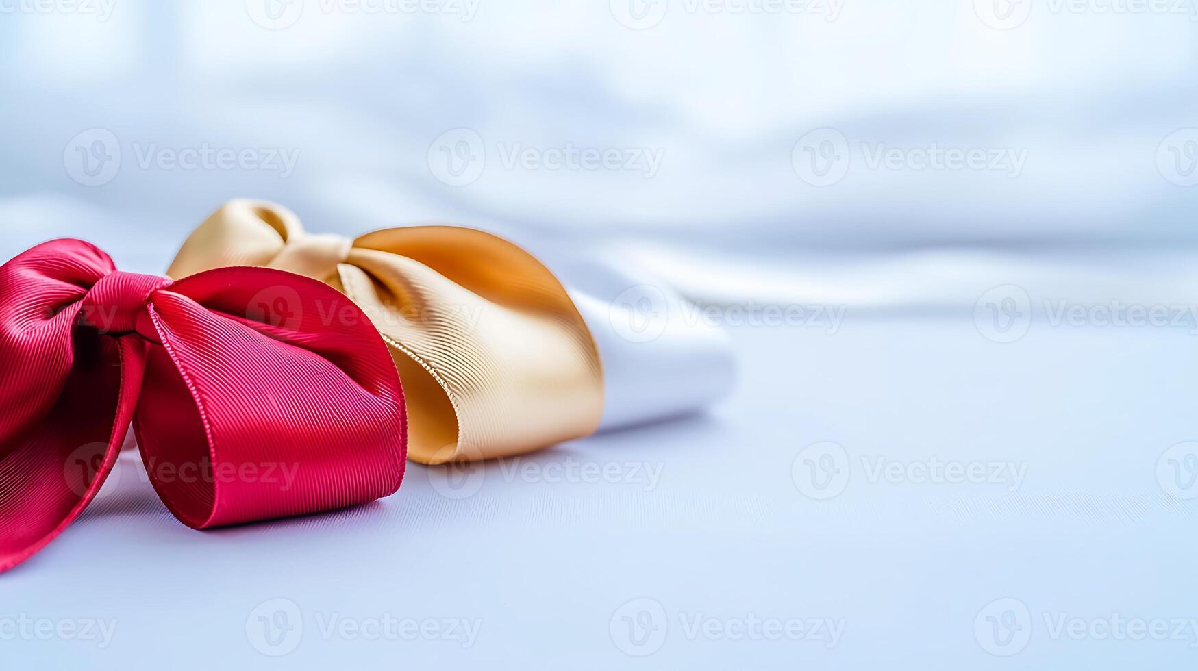Two elegant satin ribbons in red and gold resting on a soft surface with a blurred background photo