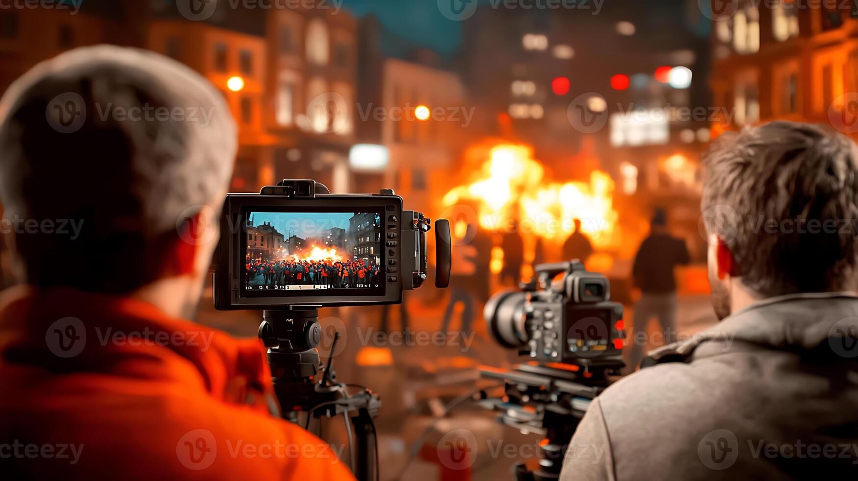 Two filmmakers capture a dramatic scene of a fire in a city street at night, showcasing chaos photo
