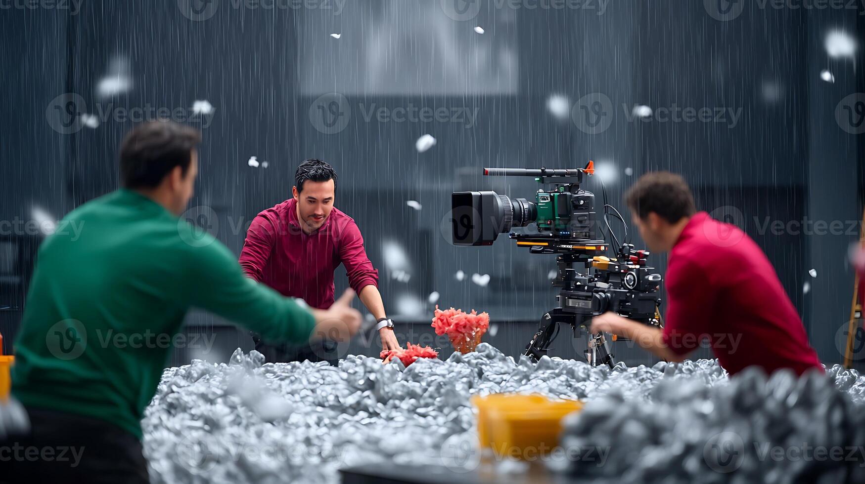 Two filmmakers create a dynamic scene with a camera amidst a flurry of paper in a studio photo