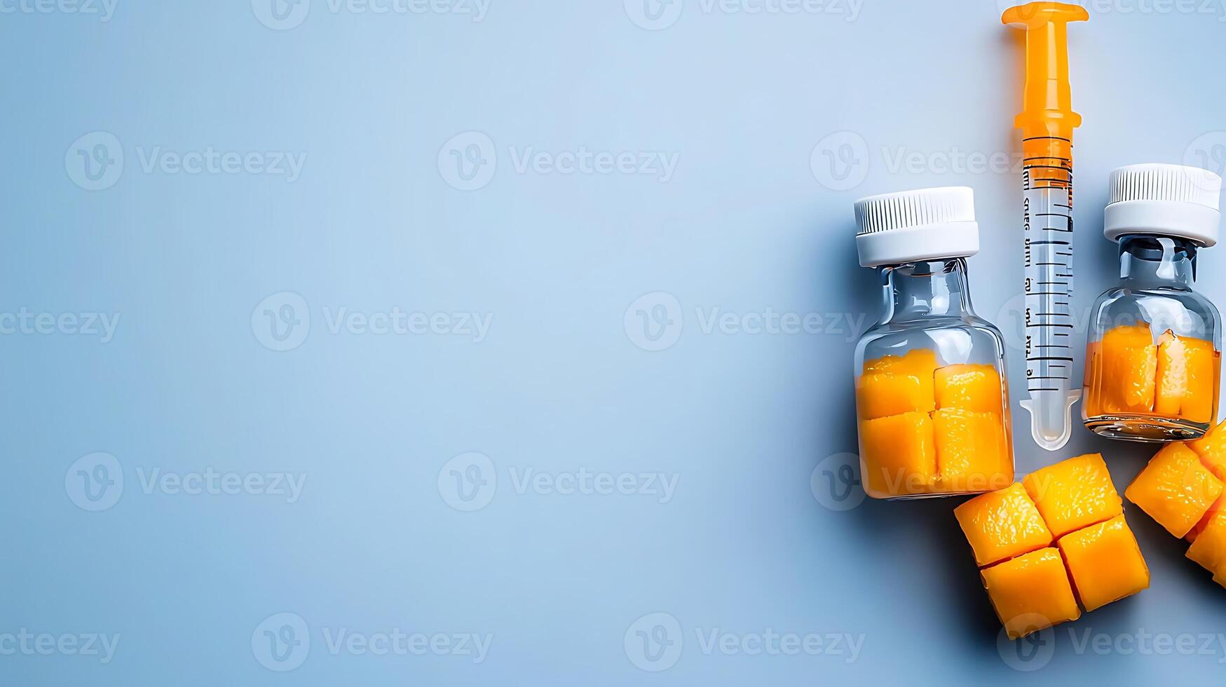 Two glass vials with orange cubes and a syringe on a light blue background, suggesting medical use photo