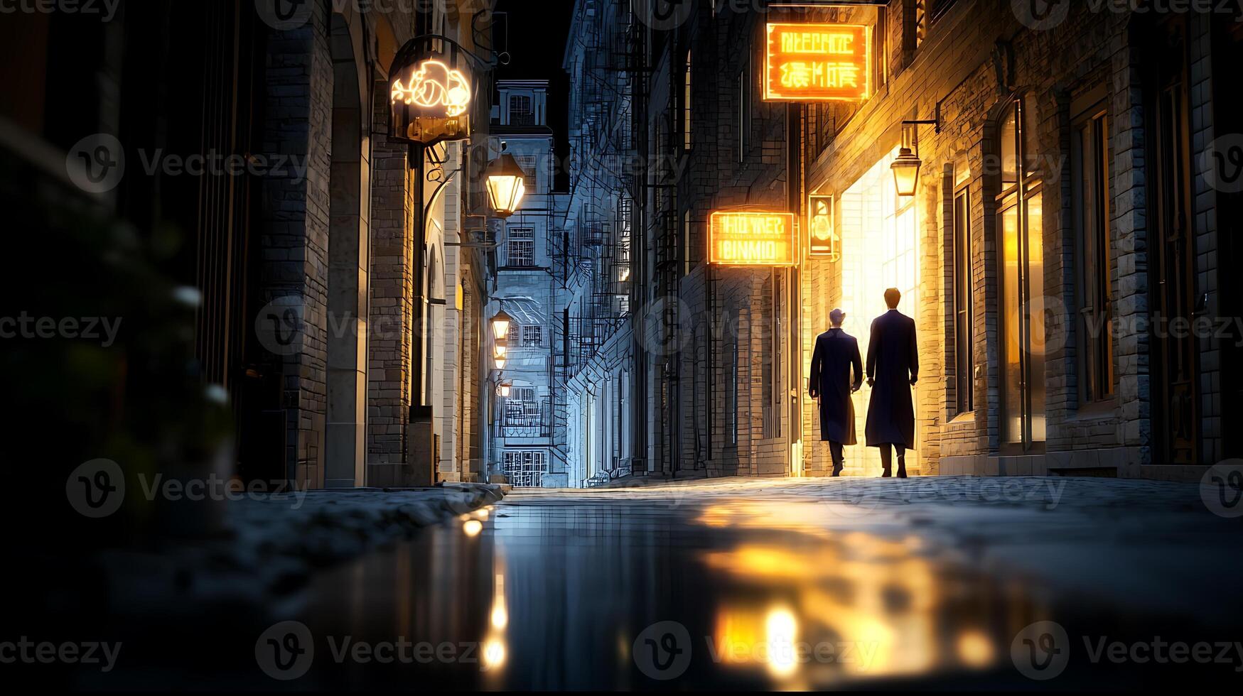 Two figures walking through a dimly lit cobblestone street with glowing shop signs at night photo
