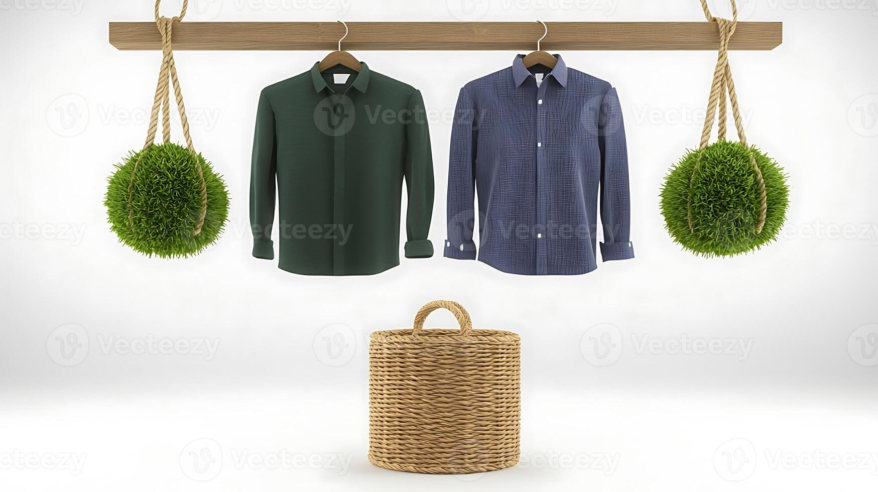 Two hanging shirts on a wooden rack with decorative greenery and a woven basket below photo