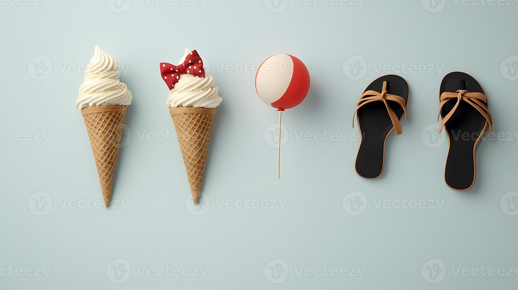 Two ice cream cones with a bow, a beach ball, and flip-flops on a light blue background photo