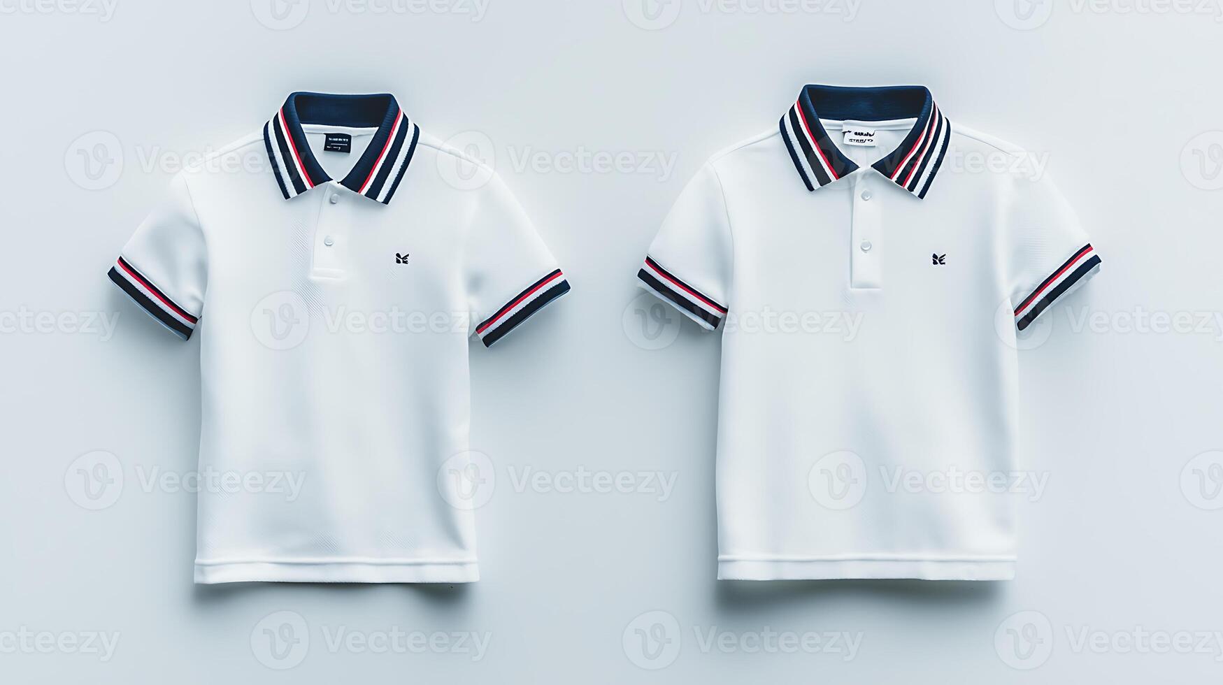 Two identical white polo shirts displayed side by side on a light background, showcasing minimalist design photo