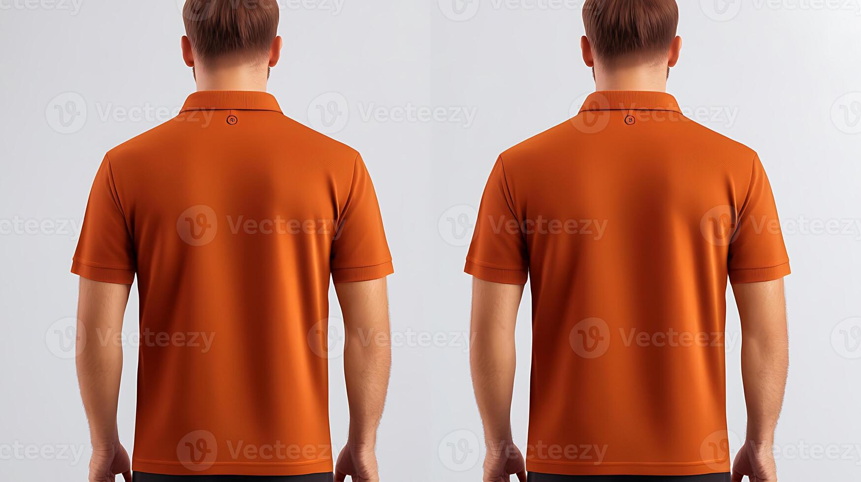Two identical models wearing orange polo shirts, showcasing the back view in a minimalist studio setting photo