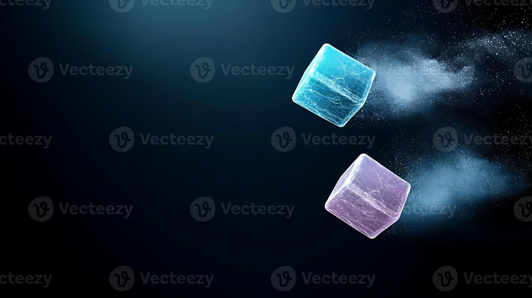 Two ice cubes, one blue and one purple, floating in a dark space with swirling particles around photo
