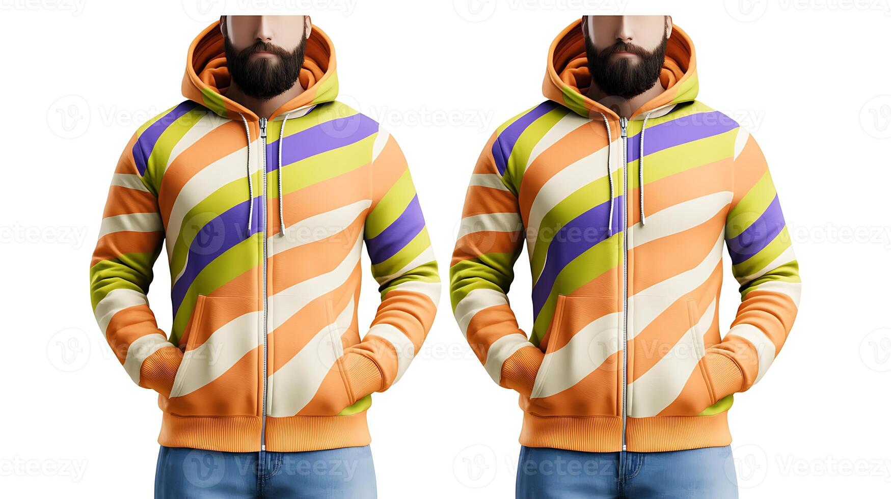 Two identical men wearing vibrant hoodies with abstract patterns, standing against a plain background photo