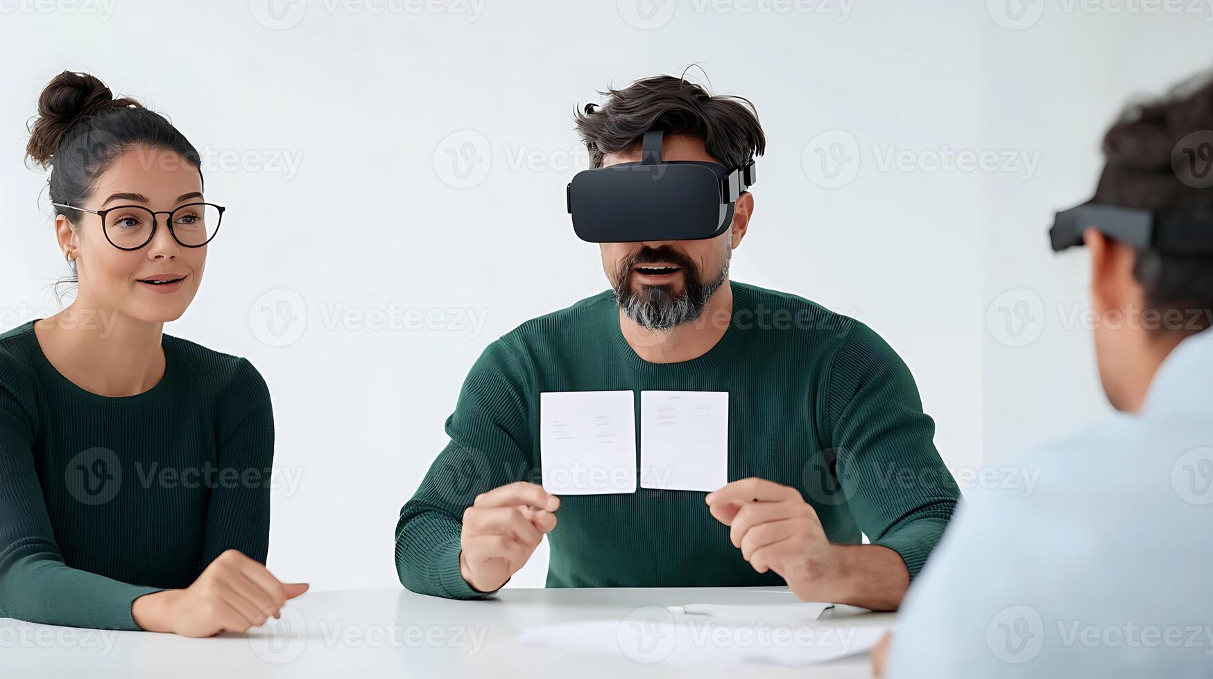 Two individuals observe a man using a virtual reality headset in a bright, modern room photo