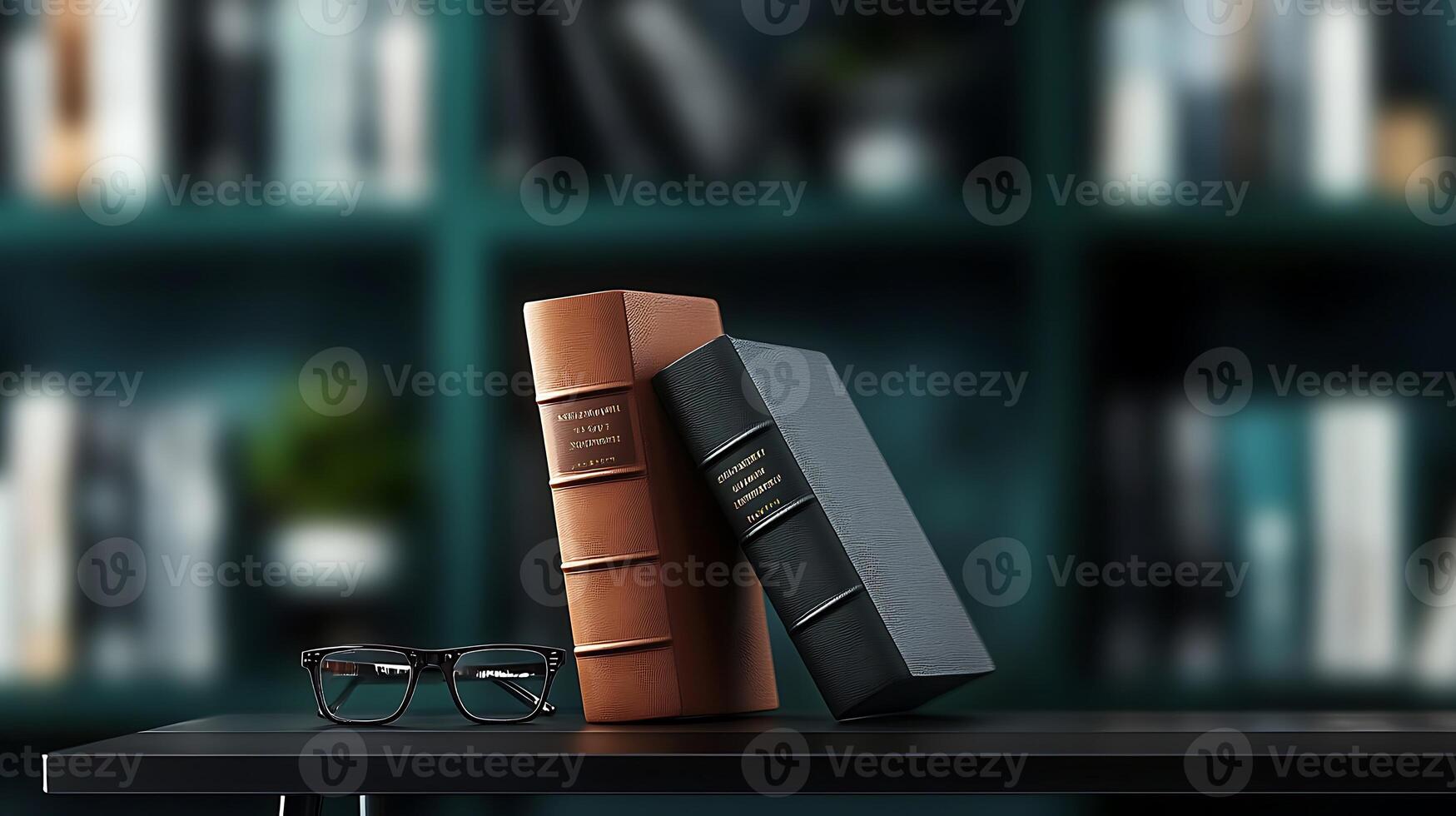 Two leather-bound books leaning against each other on a sleek table with blurred bookshelf background photo